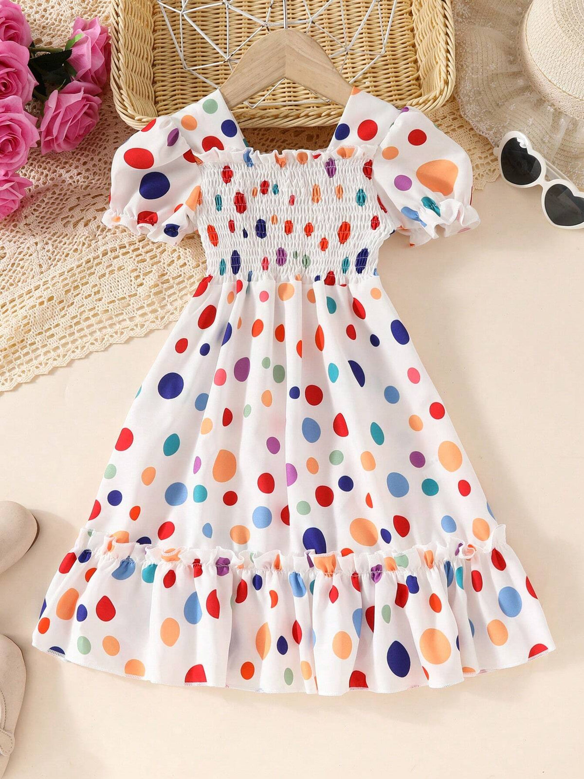 Girls' Summer Dress, Short Sleeve Ditsy Floral Pleated Bubble Hem Dress For Little Girls