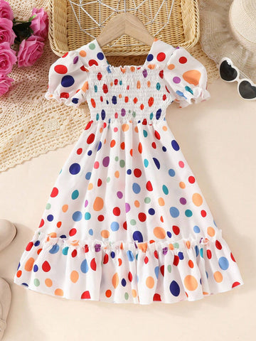 Girls' Summer Dress, Short Sleeve Ditsy Floral Pleated Bubble Hem Dress For Little Girls