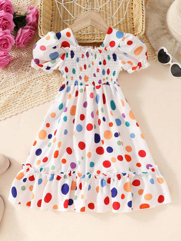 Girls' Summer Dress, Short Sleeve Ditsy Floral Pleated Bubble Hem Dress For Little Girls