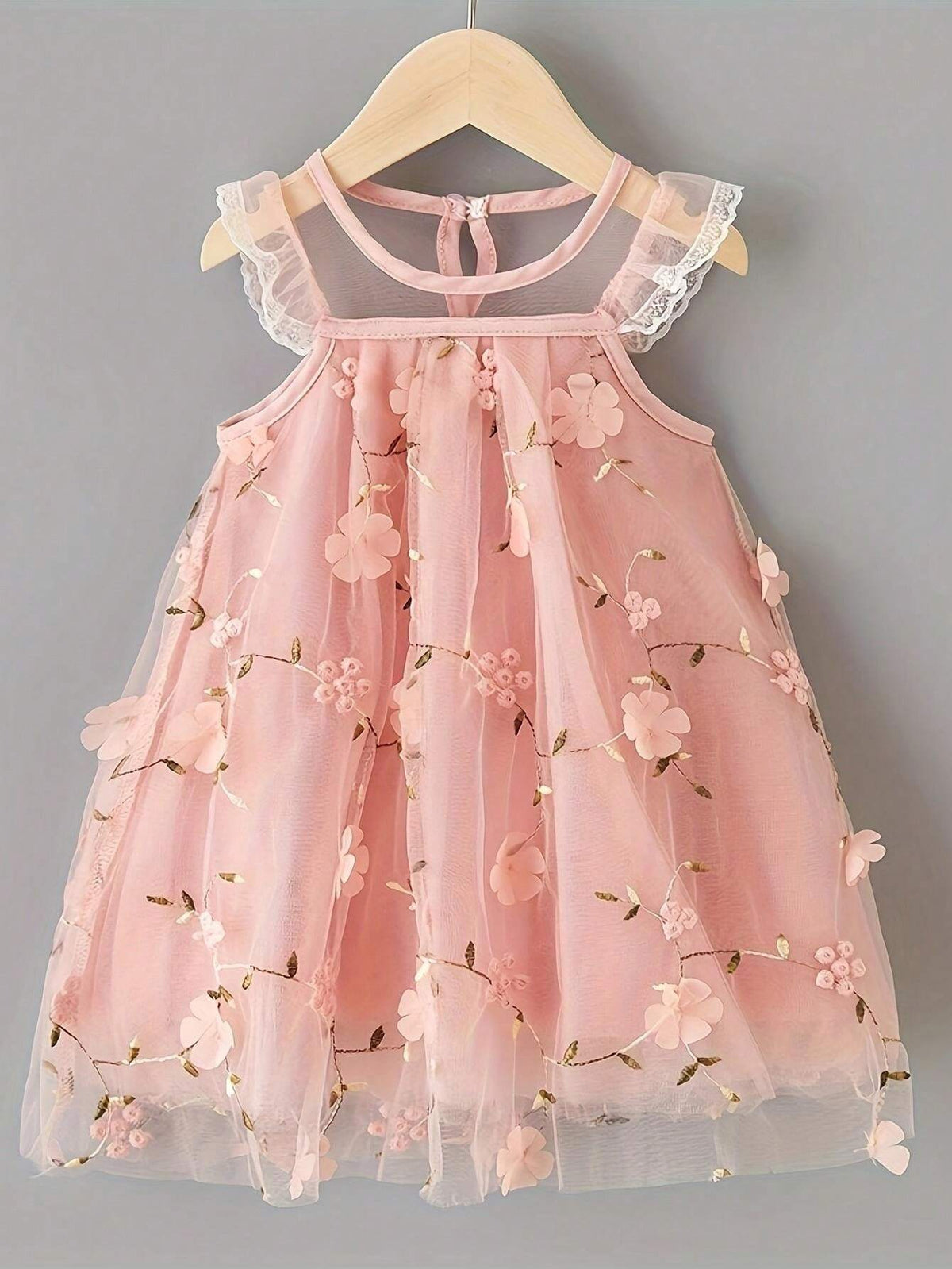 Girls' Summer Embroidered Lace Mesh Dress With Ruffle Sleeves, Princess Style