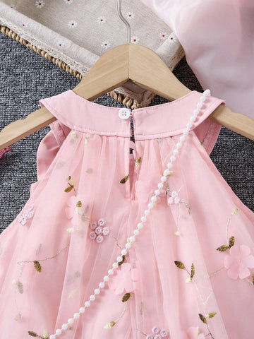 Girls Summer Fashion Elegant 3D Flower Mesh Bow Decor Halter Dress With Crossbody Bag
