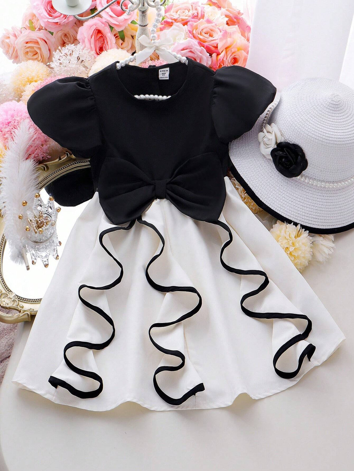 Girls Summer Fashion Elegant Puffy Sleeve Ruffled Cinched Waist Formal Princess Dress