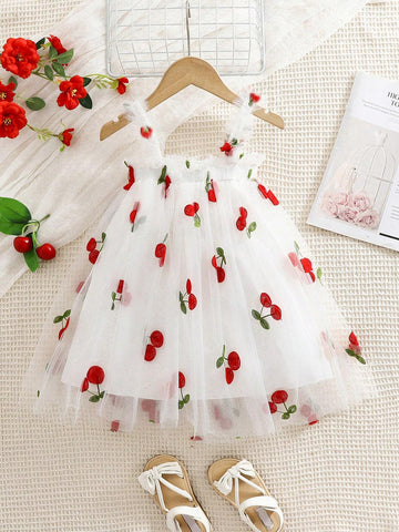 Girls' Summer Fashion Embroidered Tulle Puff Dress With Cute Suspender Straps