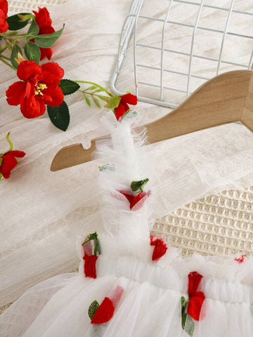 Girls' Summer Fashion Embroidered Tulle Puff Dress With Cute Suspender Straps
