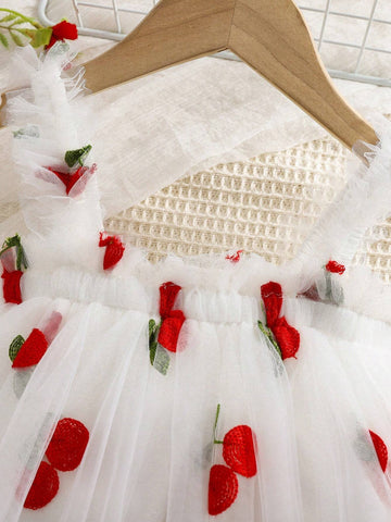Girls' Summer Fashion Embroidered Tulle Puff Dress With Cute Suspender Straps