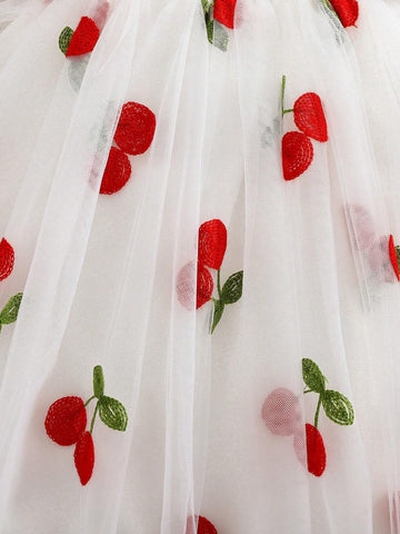 Girls' Summer Fashion Embroidered Tulle Puff Dress With Cute Suspender Straps