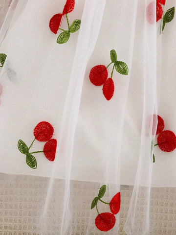 Girls' Summer Fashion Embroidered Tulle Puff Dress With Cute Suspender Straps