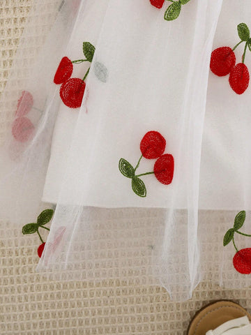 Girls' Summer Fashion Embroidered Tulle Puff Dress With Cute Suspender Straps
