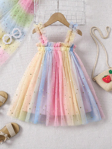 Girls' Summer Fashion Sparkly Mesh Tutu Dress With Cute Shoulder Straps