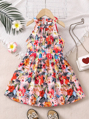 Girls' Summer Fashionable Digital Printed Halter Neck Dress
