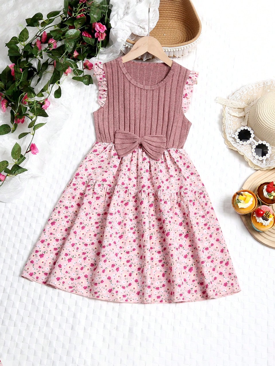 Girls Summer Fashionable Elegant Ruffle Bow Decor Dress