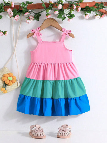 Girls' Summer Fashionable Sweet Color Block Princess Sundress For Toddler & Kids
