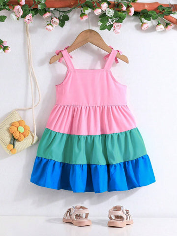 Girls' Summer Fashionable Sweet Color Block Princess Sundress For Toddler & Kids