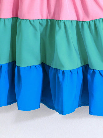 Girls' Summer Fashionable Sweet Color Block Princess Sundress For Toddler & Kids