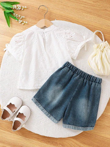 Girls' Summer Fashionable Top & Denim Shorts 2pcs Set, Sweet And Casual Outfit