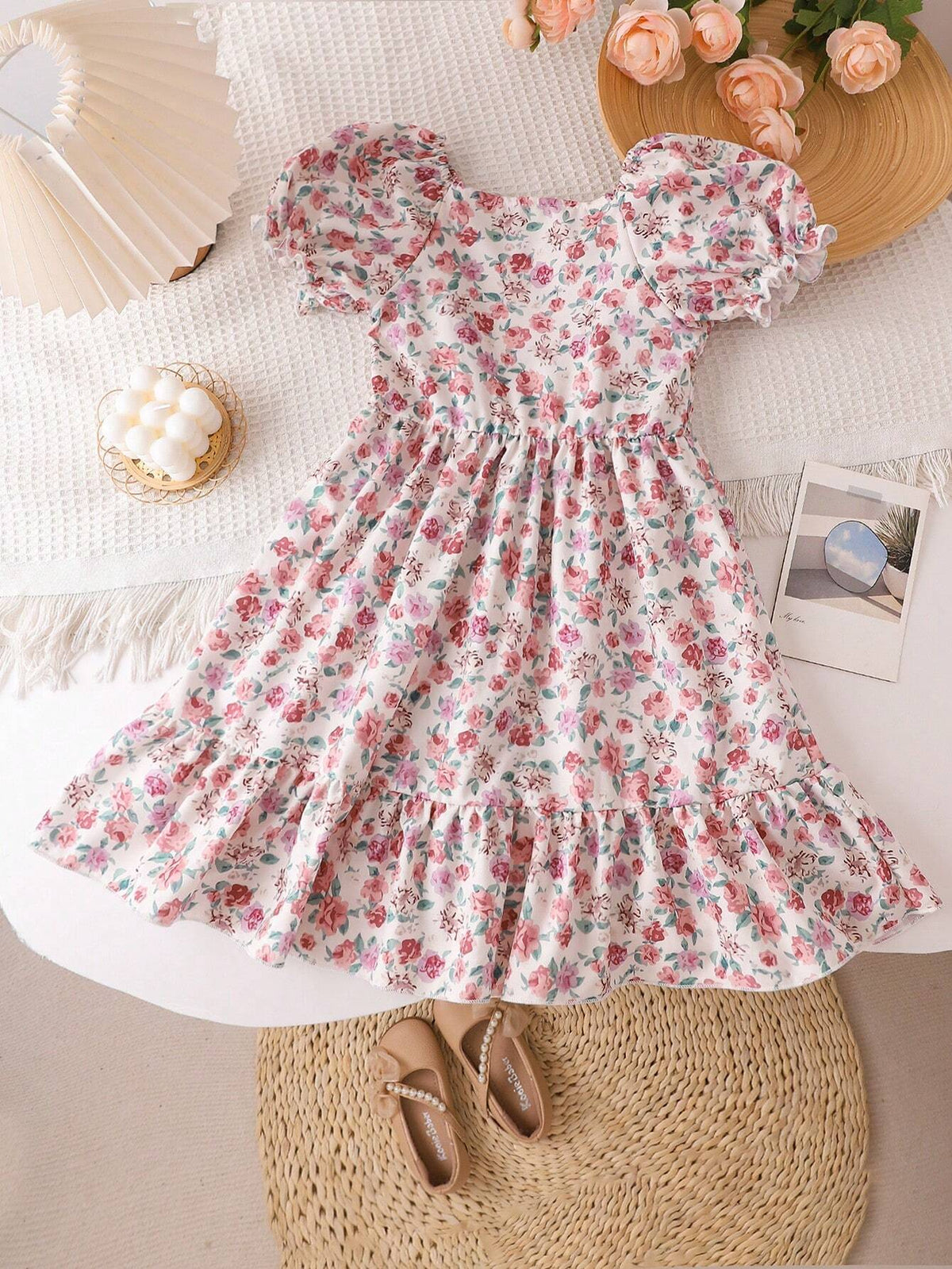 Girls' Summer Floral Allover Print Sleeveless Princess Dress With Short Sleeves