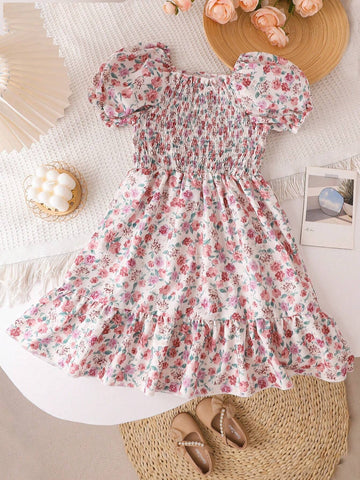 Girls' Summer Floral Allover Print Sleeveless Princess Dress With Short Sleeves
