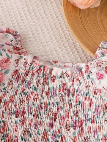Girls' Summer Floral Allover Print Sleeveless Princess Dress With Short Sleeves