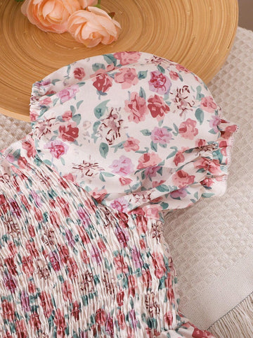 Girls' Summer Floral Allover Print Sleeveless Princess Dress With Short Sleeves