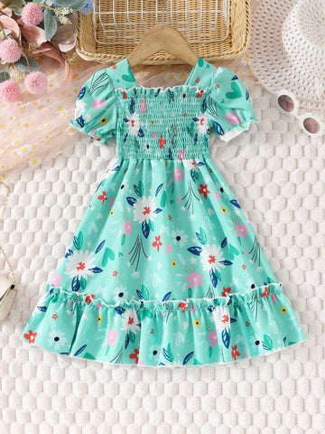 Girls' Summer Floral Dress, Short Sleeve Pleated Bubble Hem Children's Princess Dress