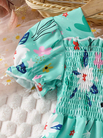 Girls' Summer Floral Dress, Short Sleeve Pleated Bubble Hem Children's Princess Dress