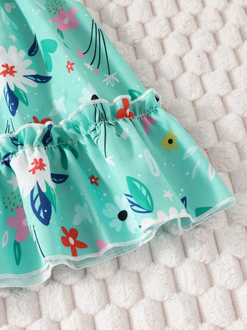 Girls' Summer Floral Dress, Short Sleeve Pleated Bubble Hem Children's Princess Dress