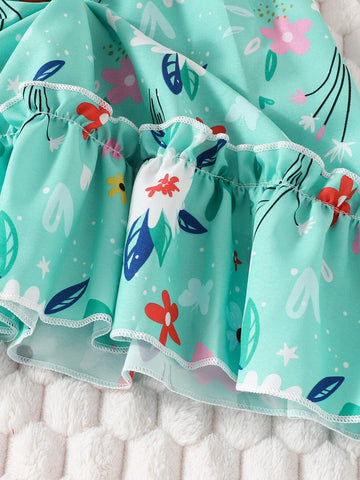 Girls' Summer Floral Dress, Short Sleeve Pleated Bubble Hem Children's Princess Dress