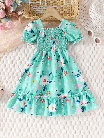 Girls' Summer Floral Dress, Short Sleeve Pleated Bubble Hem Children's Princess Dress