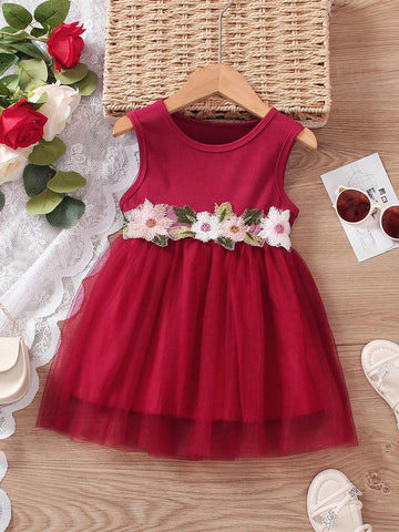 Girls' Summer Floral Embroidery Mesh Patchwork Sleeveless Dress, Elegant And Sweet Princess Dress