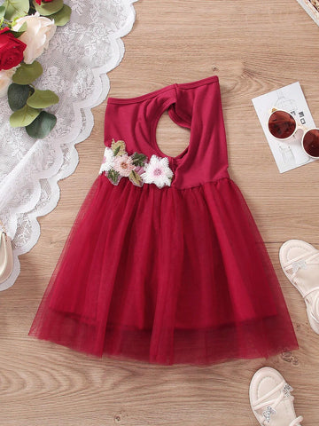 Girls' Summer Floral Embroidery Mesh Patchwork Sleeveless Dress, Elegant And Sweet Princess Dress