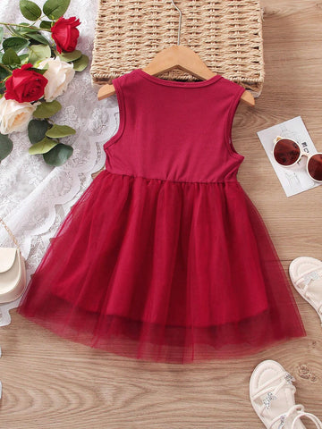 Girls' Summer Floral Embroidery Mesh Patchwork Sleeveless Dress, Elegant And Sweet Princess Dress