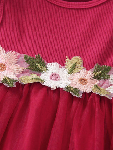 Girls' Summer Floral Embroidery Mesh Patchwork Sleeveless Dress, Elegant And Sweet Princess Dress
