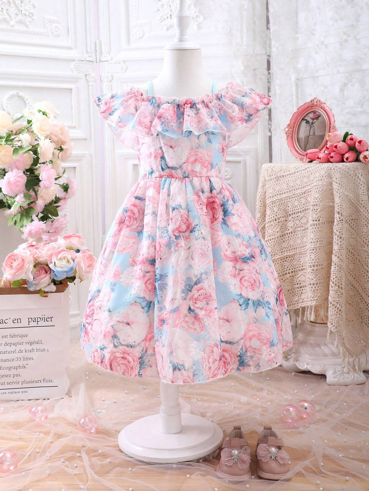 Girls' Summer Floral Flying Sleeve Dress, Trendy Kids' Dress