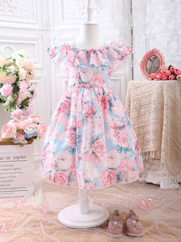 Girls' Summer Floral Flying Sleeve Dress, Trendy Kids' Dress