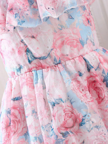 Girls' Summer Floral Flying Sleeve Dress, Trendy Kids' Dress