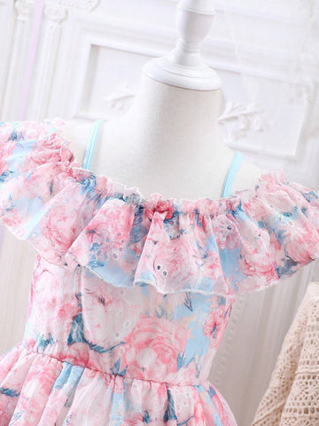 Girls' Summer Floral Flying Sleeve Dress, Trendy Kids' Dress