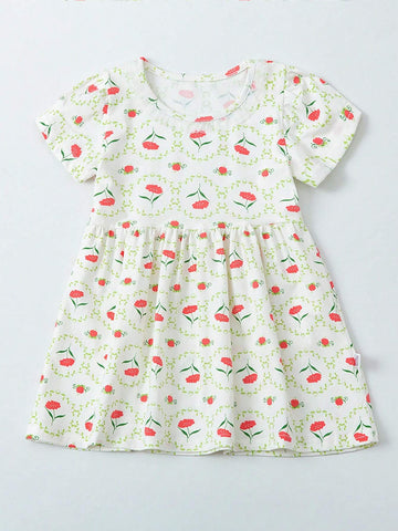 Girls' Summer Floral Print Cotton Dress, Bubble Skirt, Cute And Elegant