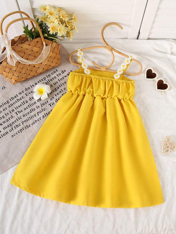 Girls Summer Floral Ruffle Strap Sleeveless Dress
