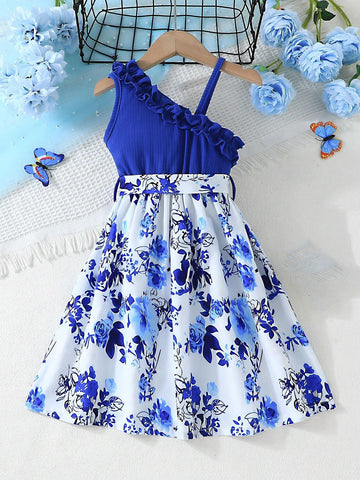 Girls' Summer Flower Print Princess Dress With Lace Shoulder Straps And Sleeve