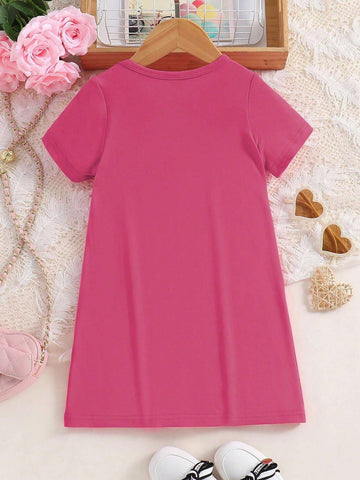 Girls' Summer Heart Leopard Print Casual Dress, Short Sleeve Round Neck Knitted Dress For Toddlers, Simple And Comfortable Children's Clothing For Summer