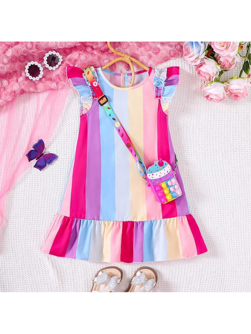 Girls" Summer Holiday Style Colorful Striped Cap Sleeve Dress Comes With A Matching Color Shoulder Bag