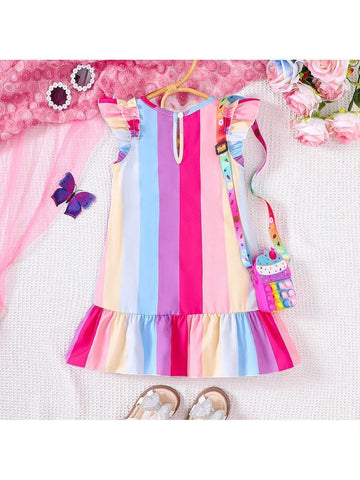 Girls" Summer Holiday Style Colorful Striped Cap Sleeve Dress Comes With A Matching Color Shoulder Bag
