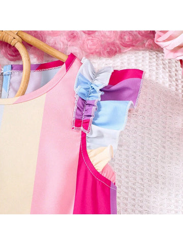 Girls" Summer Holiday Style Colorful Striped Cap Sleeve Dress Comes With A Matching Color Shoulder Bag