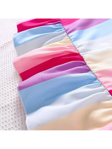 Girls" Summer Holiday Style Colorful Striped Cap Sleeve Dress Comes With A Matching Color Shoulder Bag