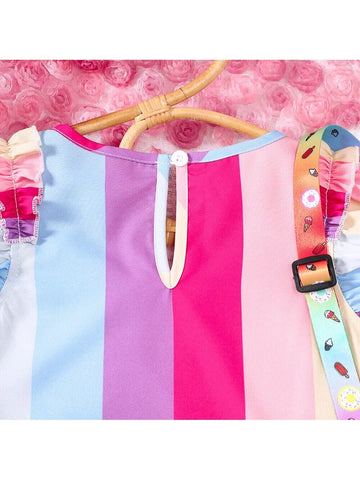 Girls" Summer Holiday Style Colorful Striped Cap Sleeve Dress Comes With A Matching Color Shoulder Bag