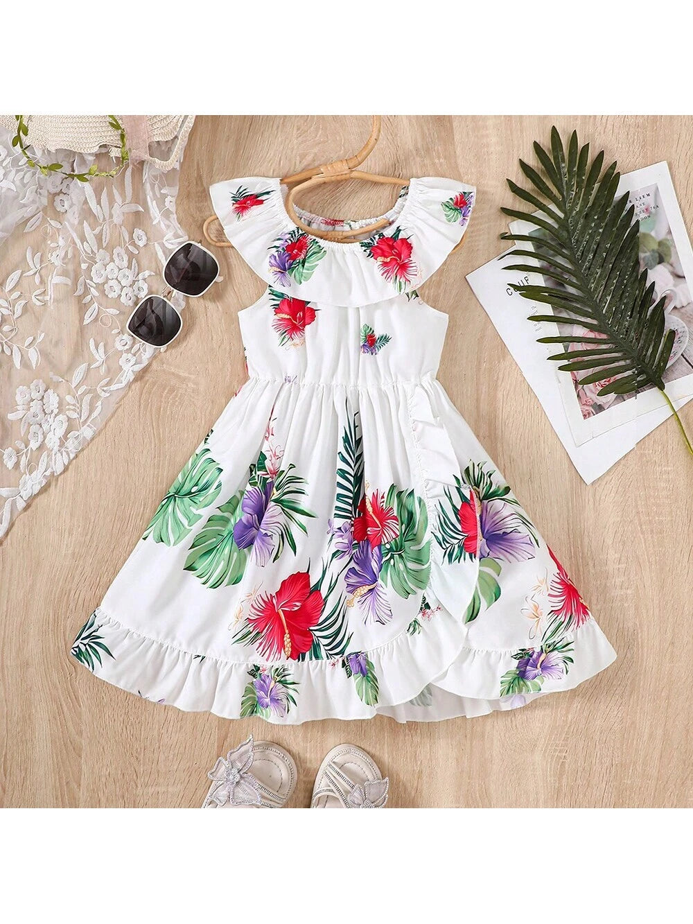 Girls" Summer Holiday Style Sleeveless Dress With Ruffled Hem And Floral Prints