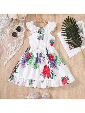 Girls" Summer Holiday Style Sleeveless Dress With Ruffled Hem And Floral Prints