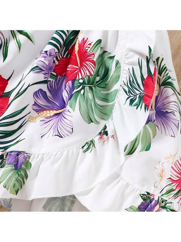 Girls" Summer Holiday Style Sleeveless Dress With Ruffled Hem And Floral Prints