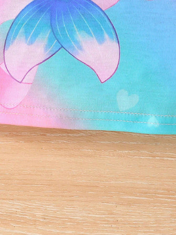 Girls' Summer Mermaid Unicorn Printed Colorful Dress With Ruffle Sleeves