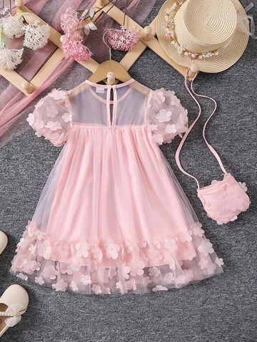 Girls Summer Mesh Patchwork 3D Flower Decor Fashion Princess Dress With Crossbody Bag